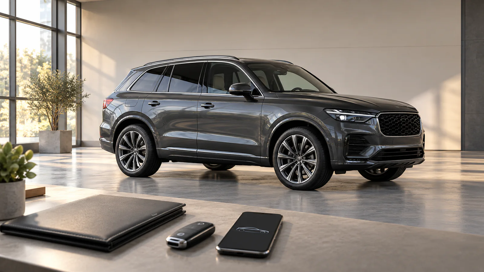 KI-Symbolbild eines gepflegten graphitfarbenen Premium-SUV mit Fahrzeugmappe und Schlüssel in einer Prüfhalle